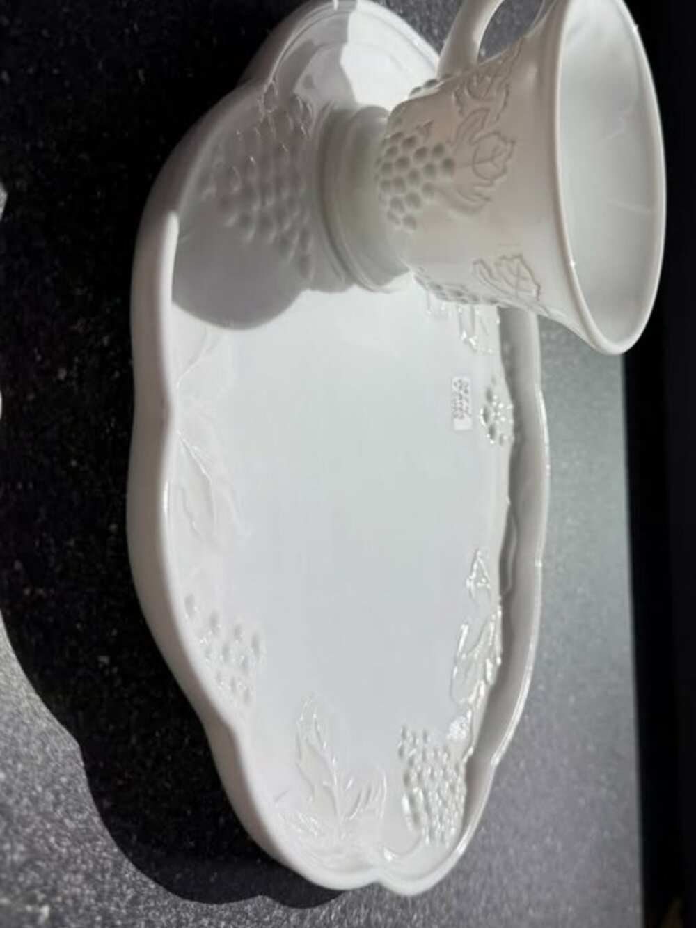 Vintage White Milk Glass Snack Set – 4 Cups & 4 Grape Pattern Plates - Picture 4 of 8